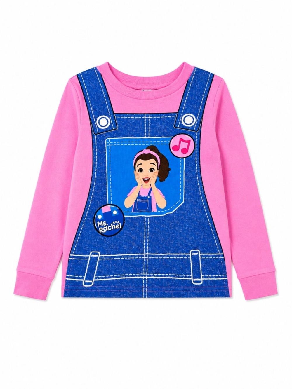 New - Rachel Pink Long-Sleeve Kids Top with Denim Overalls Graphic | Size 4T